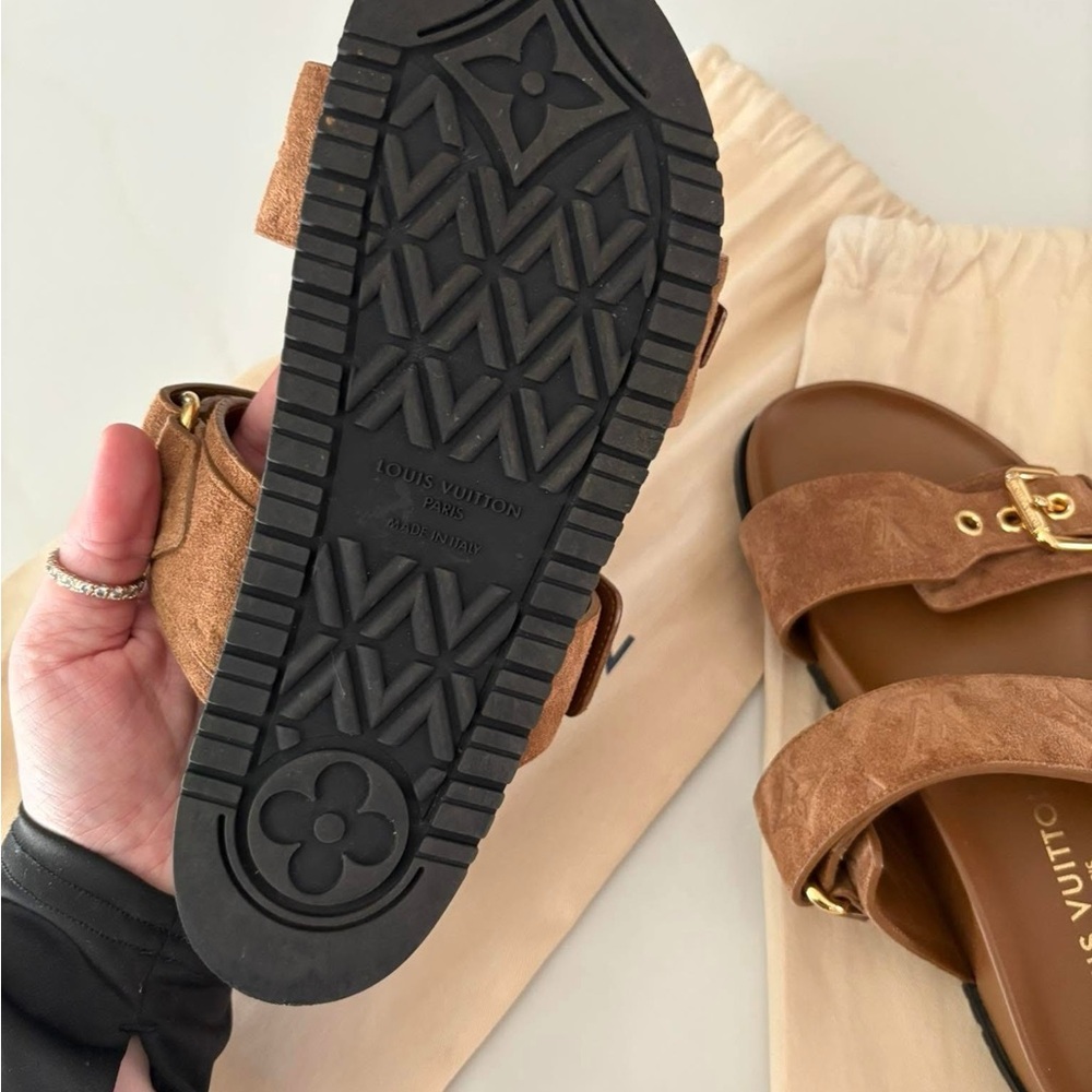 Louis Vuitton Tan Suede Sandals with Gold Accents